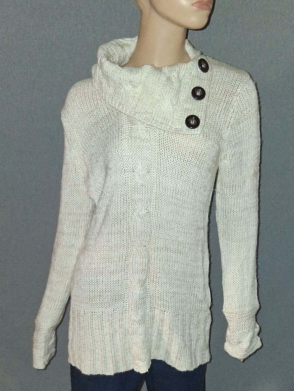 Button-Accent Cream Cable Cowl-Neck Sweater